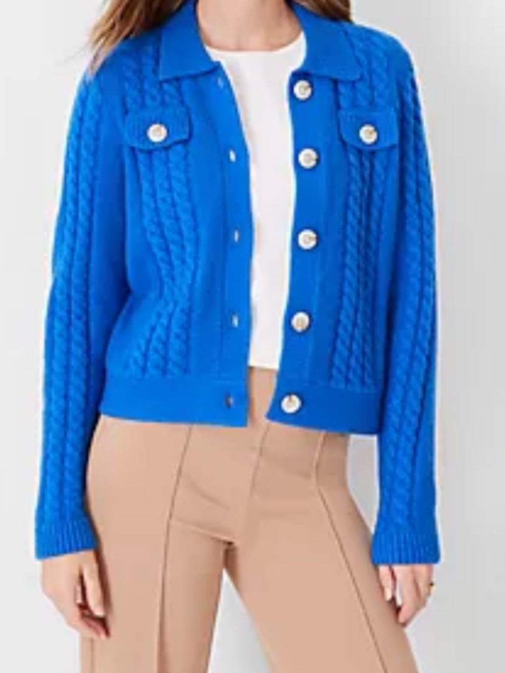 Ann Taylor Collared Cable Sweater Jacket Intense Lapis - Medium